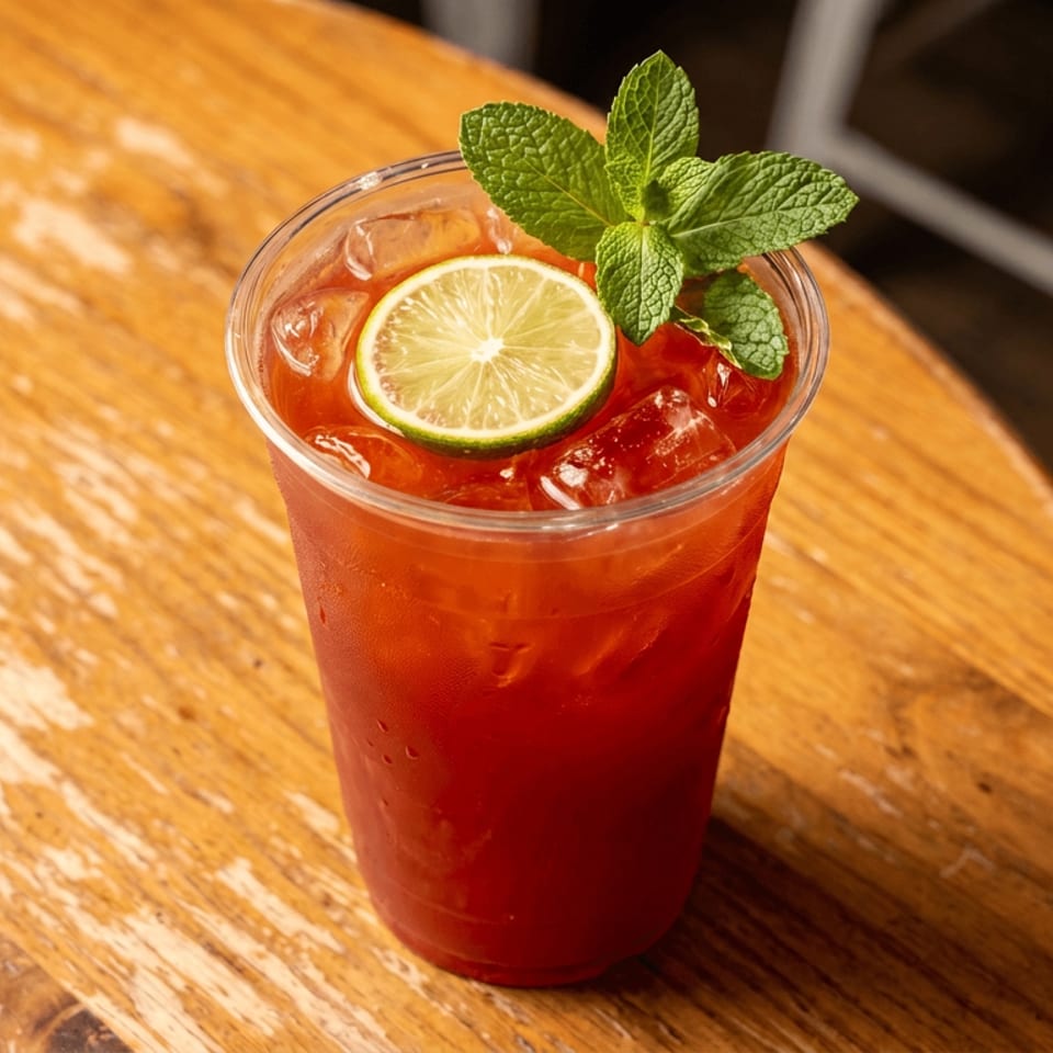 Red iced beverage garnished with a lime slice and fresh mint sits on a wooden restaurant table.