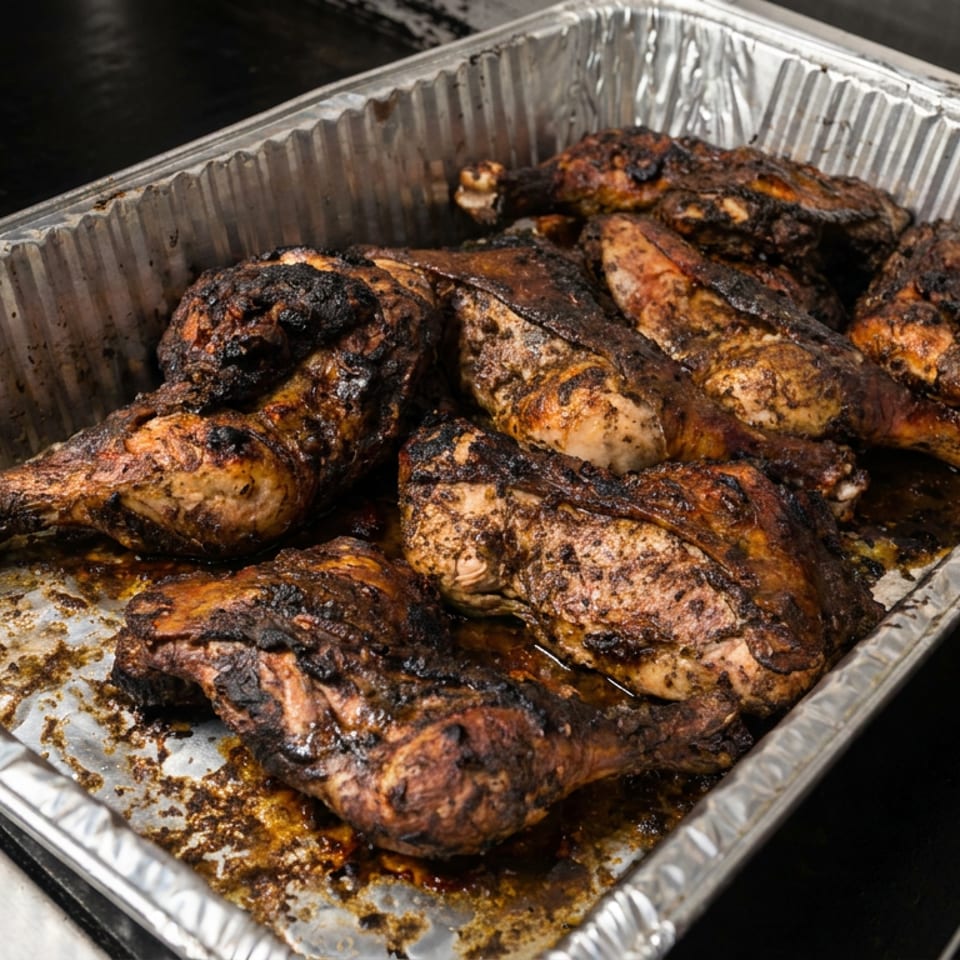 Tray of grilled chicken legs and thighs with charred, seasoned skin in a commercial kitchen.