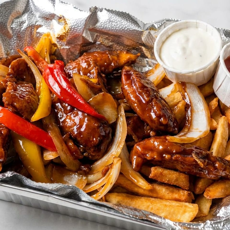 Glazed chicken wings with peppers and onions served over fries, accompanied by creamy white and red dipping sauces.