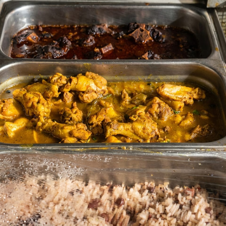 Stainless-steel buffet trays hold yellow curry, dark sauced meat, and rice covered with plastic wrap.