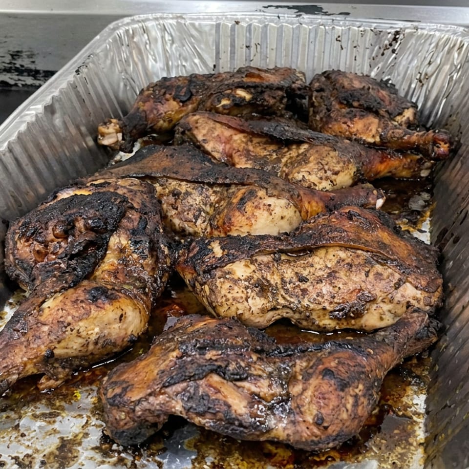 Charred grilled chicken pieces arranged in a large aluminum catering tray with flavorful juices.