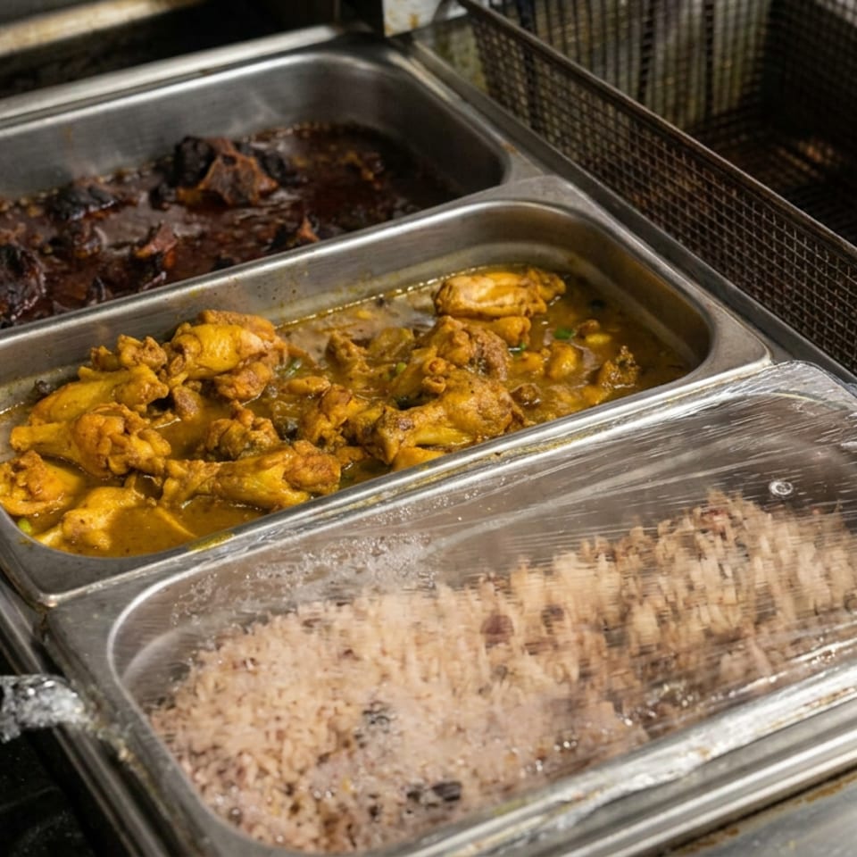 Stainless steel buffet trays hold saucy fried dishes and rice beside empty fryer baskets in a commercial kitchen.