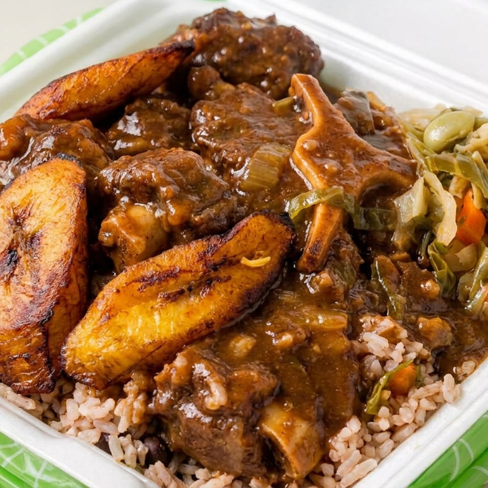 Takeout container filled with stewed oxtail, rice and peas, fried plantains, and mixed vegetables.